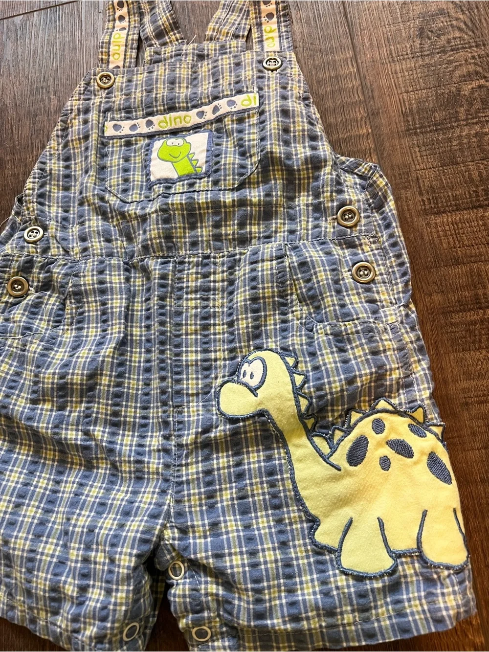 Vintage Toddler Blue Plaid Dino Short Overalls